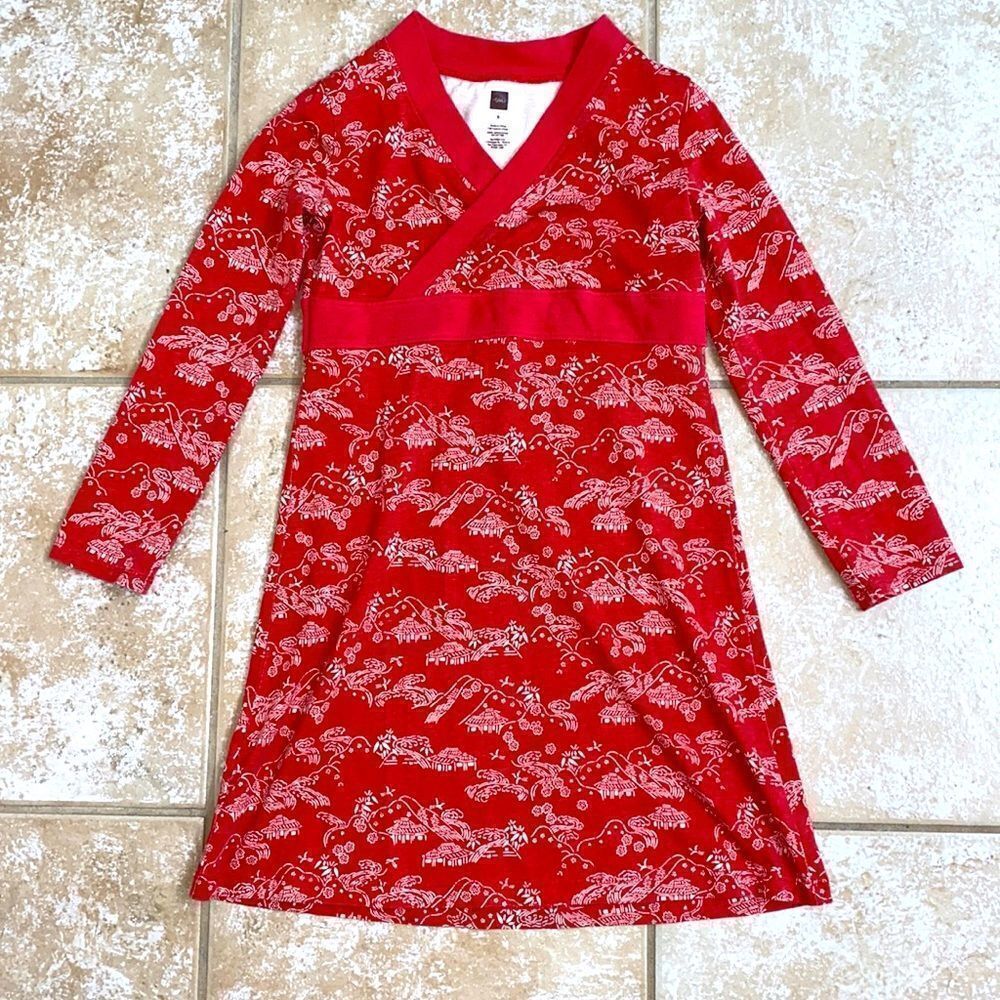 Tea Collection Red Floral Wrap-Style Long Sleeve Dress